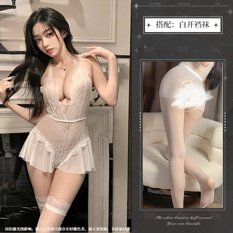 Image of Night Crisp Purple Erotic Lingerie Sexy Lace Uniform Cutout Open Jumpsuit Hot Pure Desire Pajama Dress 8012 - White